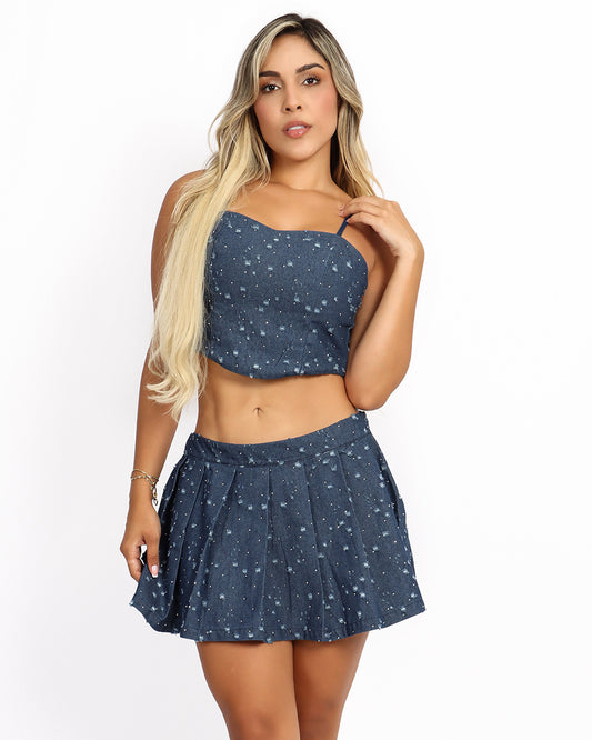 1084 SET FALDA PLIEGUES JEAN